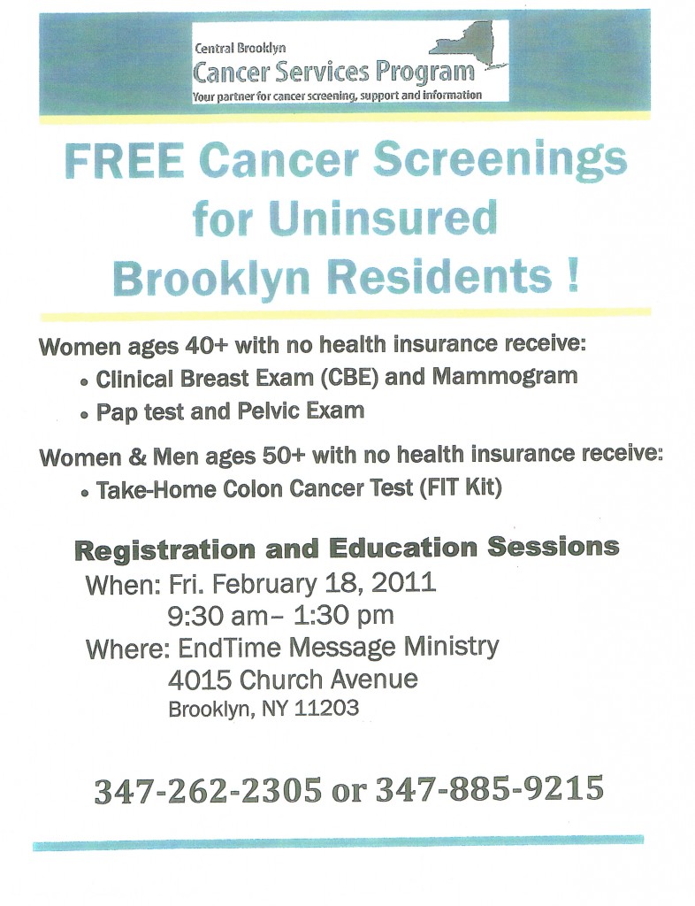FREE Cancer Screenings from Endtime Message Ministries - February 18, 2011